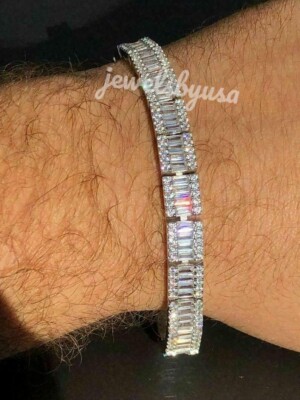 Pre-owned Nsg 6ct Baguette Cubic Zirconia Men's Tennis Bracelet White Gold Plated Silver