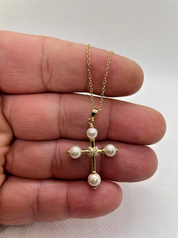 Cross Pendant Necklace White Pearls & Lab Created Diamonds