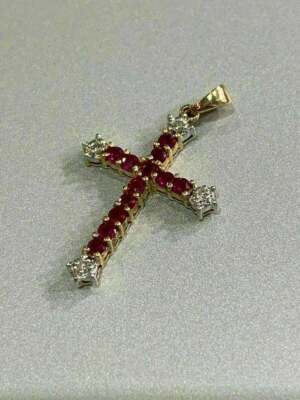 2.20Ct Round Cut Red Ruby Diamond Cross Pendant Necklace 14K Yellow Gold Finish