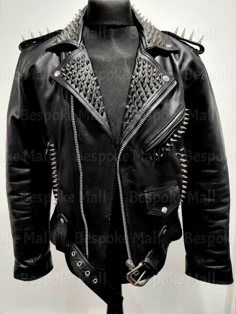 Pre-owned Handmade Men Black Silver Long Spiked Studded Brando Cowhide Biker Leather Jacket-780