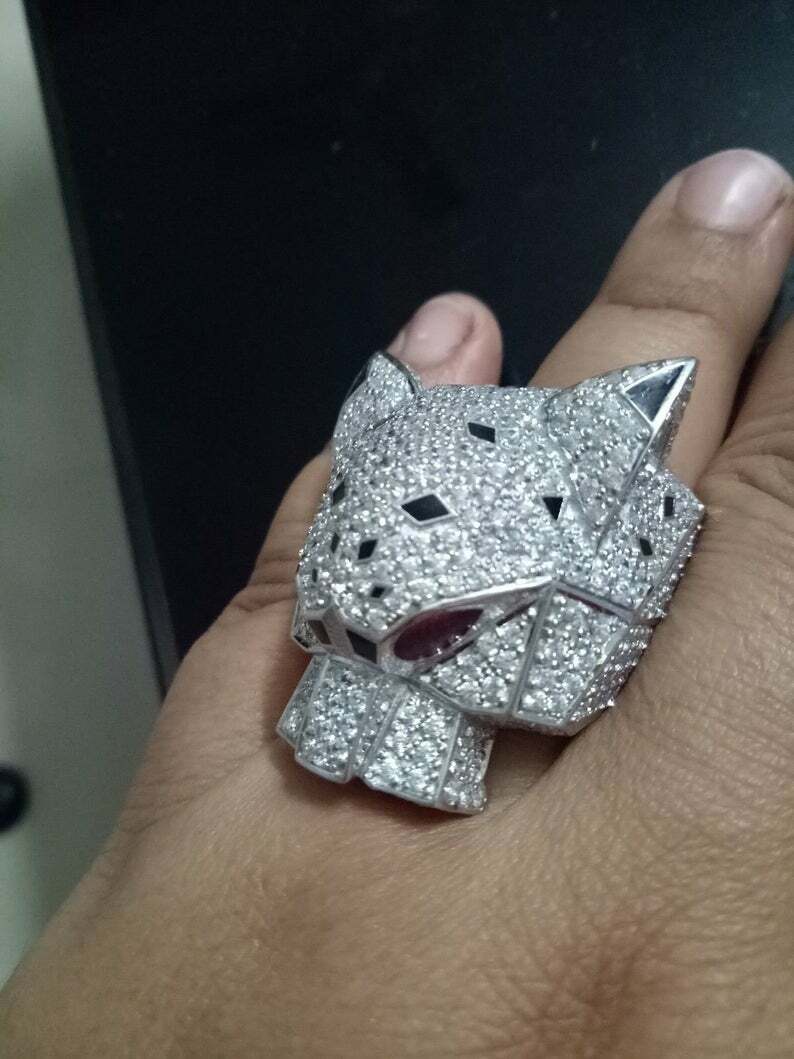 Pre-owned Online0369 2.26 Ct Round White Cubic Zirconia Designer Lion Face Custom Ring In Silver