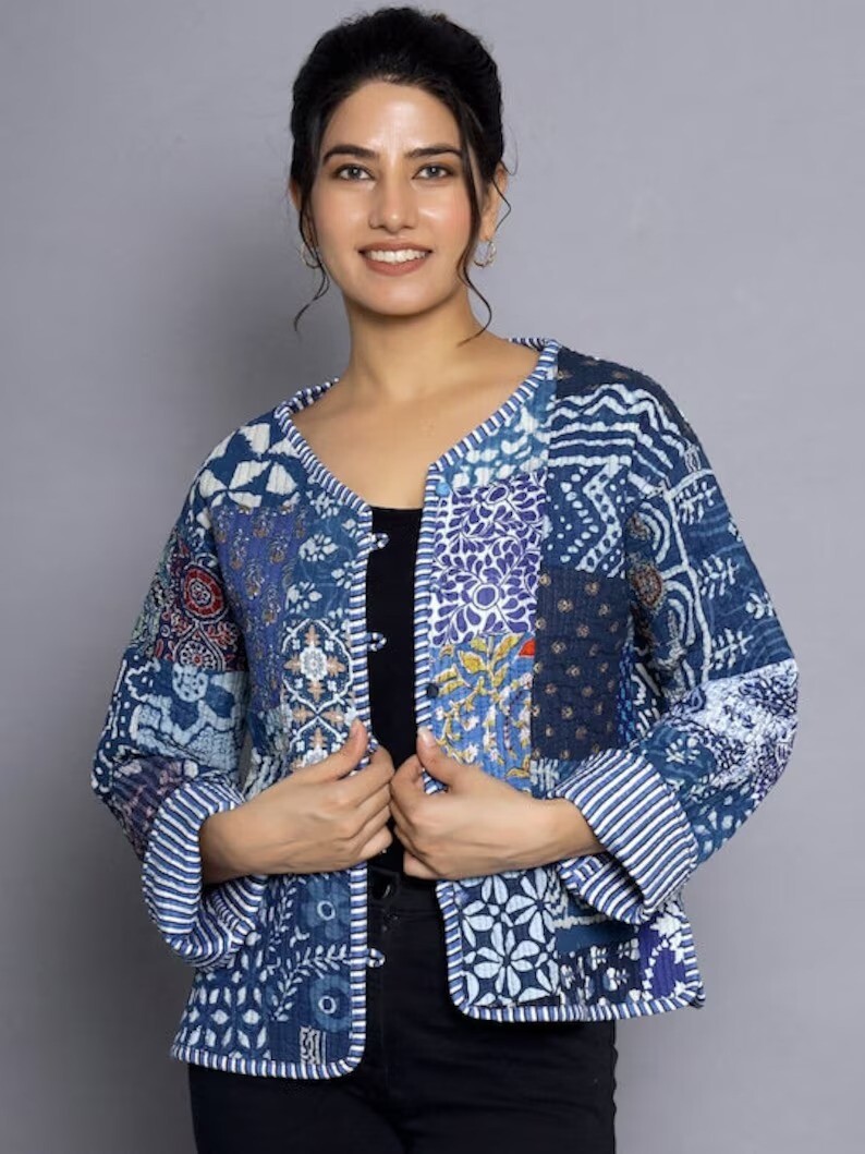 Indian Blue Patchwork Quilted Cotton Jacket Handmade Jacket