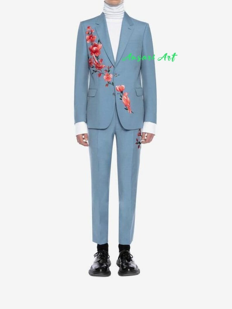 Pre-owned Art Men Blue Embroidered 2 Piece Suit Made To Measure Cotton Wedding Cocktail Py