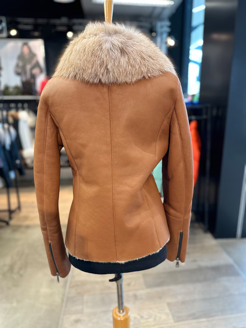 Pre-owned High Women's  Quality Genuine Shearling Coat With Genuine Fox Collar, Winter Coat In Brown