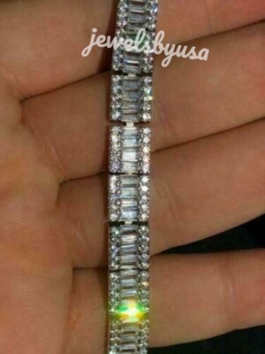 Pre-owned Nsg 6ct Baguette Cubic Zirconia Men's Tennis Bracelet White Gold Plated Silver