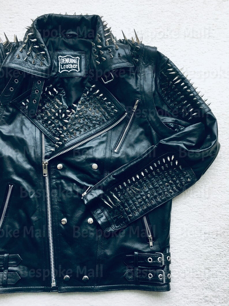 Pre-owned Handmade Men's Spiked Studded Leather Jacket & Vest Two In One Removable Sleeves-787 In Black