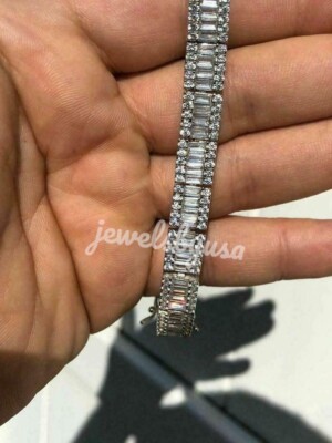 Pre-owned Nsg 6ct Baguette Cubic Zirconia Men's Tennis Bracelet White Gold Plated Silver
