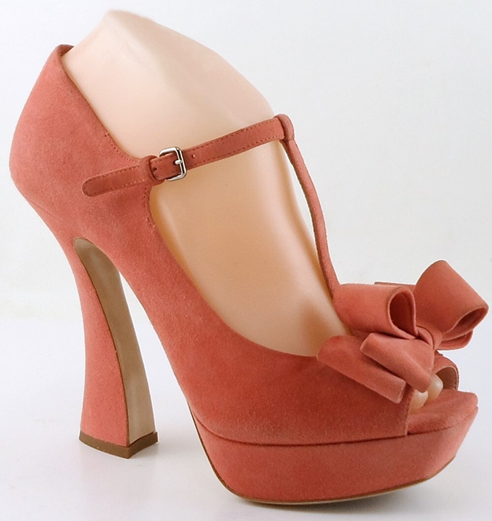 Pre-owned Miu Miu $750  5kp222 Camelia Coral Suede Designer T-strap Platform Pumps 7 Eur 37 In Pink