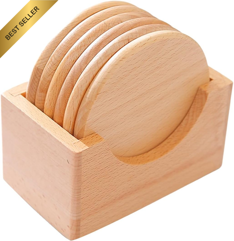 Wooden Coasters Set of 6 Wooden Coasters with Holder Heat & Water - Resistant Dr