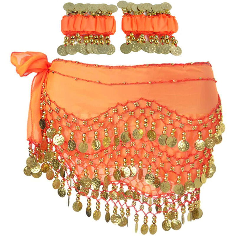 Belly Dance Costume 2 Pcs Set Hip Belt+Bracelets Sequins Skirts Wrap Orange XMAS