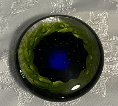 Large Vintage Handcrafted Paperweight, Flattened Blue & Green Jellyfish, 4''