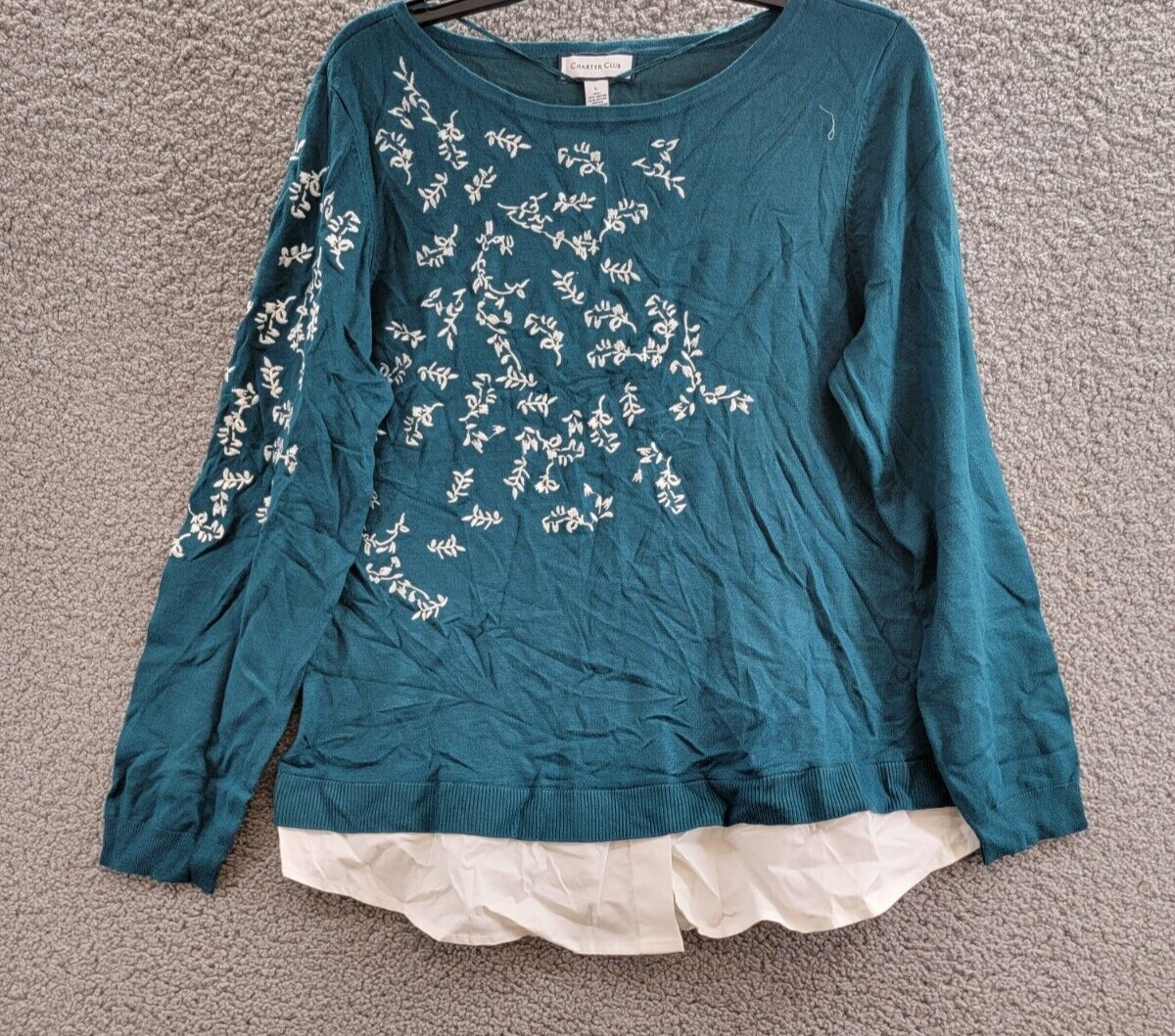 Charter Club Layered-Look Embroidered Sweater Women's L Deep Pine Crew Neck L/S - Picture 2 of 16