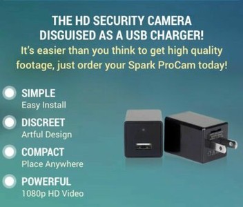 USB charger-style HD security camera advertisement.
