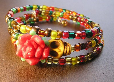 Day of the Dead Bracelet Wrap around Sugar Skull Yellow red flower Multi colors