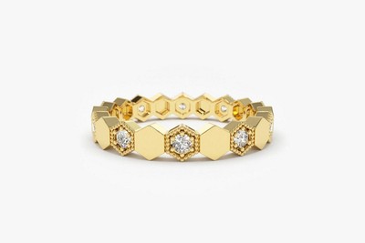 2ct Wedding Band Round Lab-Created Moissanite Milgrain Hexagon 14k Gold Plated