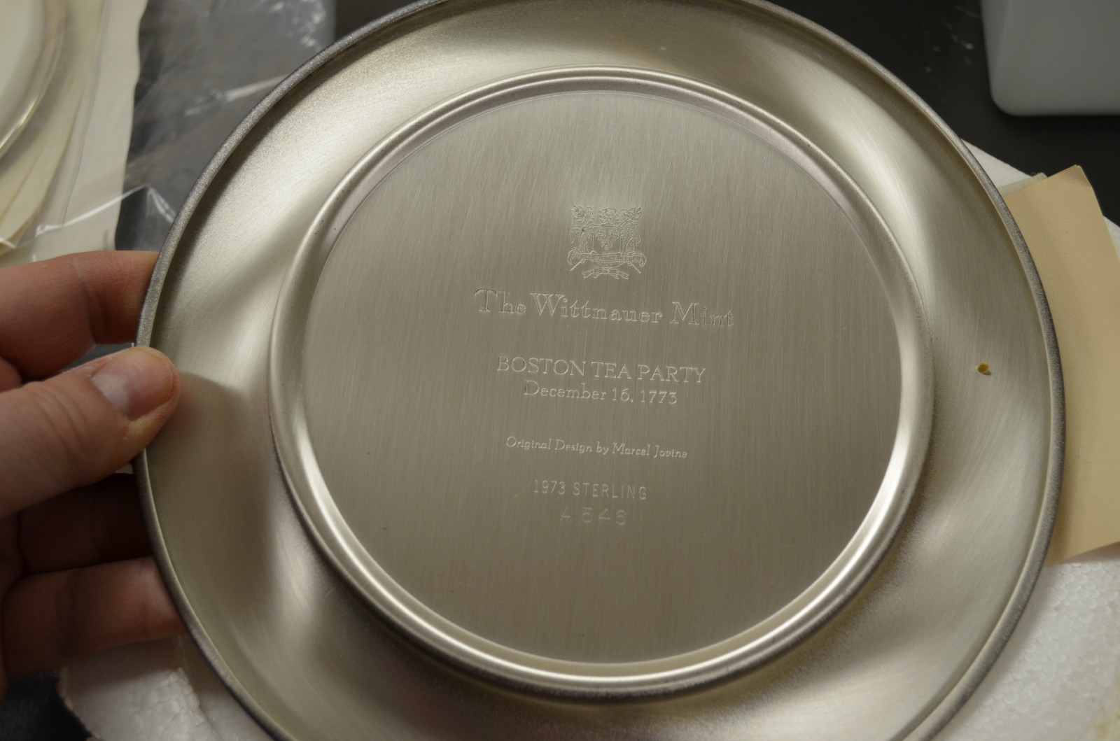 WITTNAUER MINT STERLING SILVER BOSTON TEA PARTY PLATE, 1973