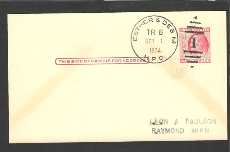 HPO COVER ESTHER & DES M OCT 1-1954 ON POSTAL CARD