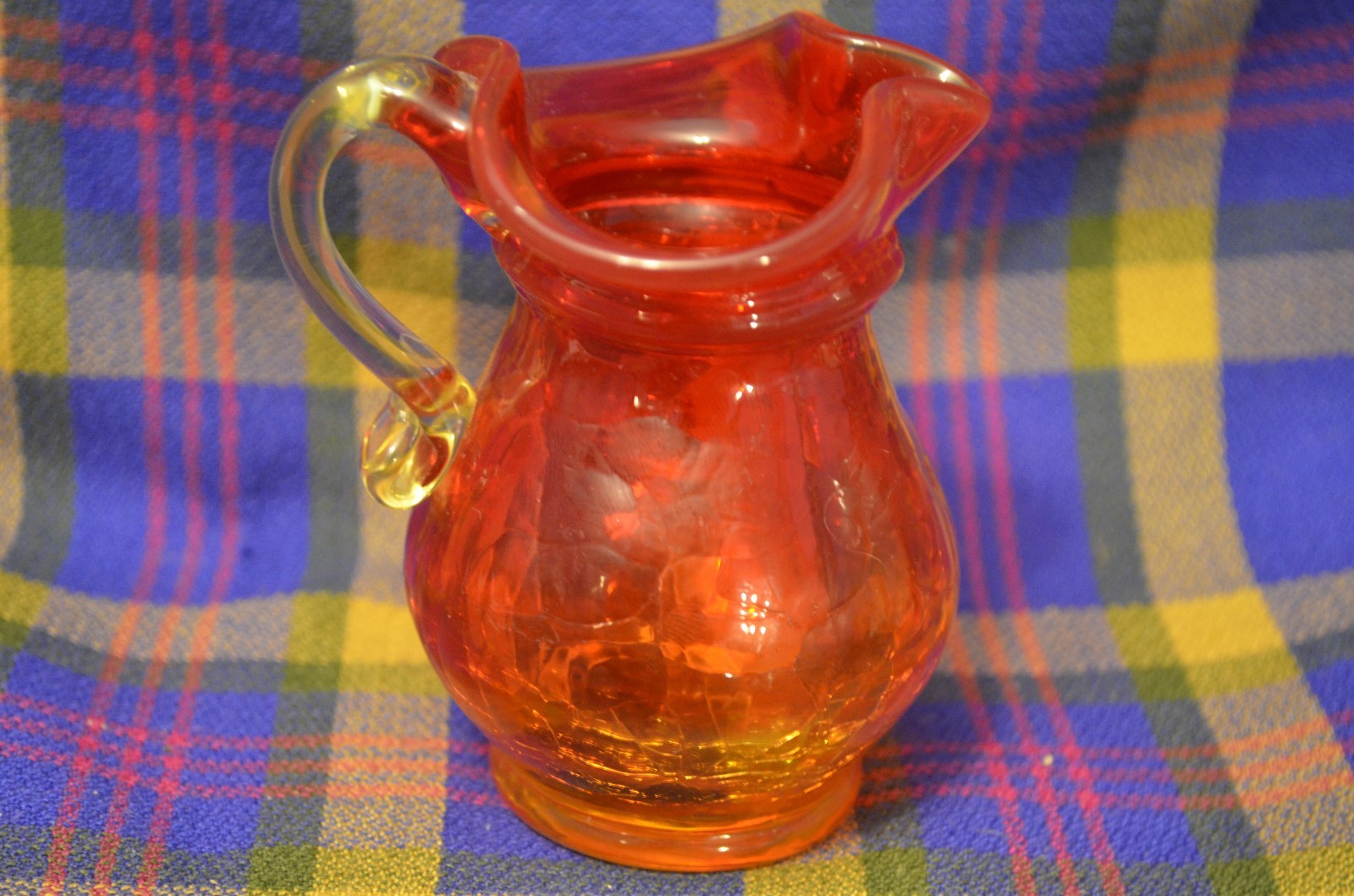 Vintage Yellow/Orange Hand Blown Glass Miniature Pitcher/Vae w/Applied Handle