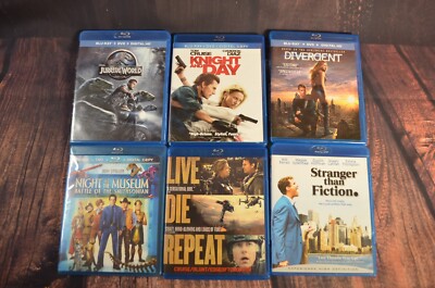 Lot of 6 Blu-rays Jurrastic World Live Die Repeat Divergent Knight Day/Museum