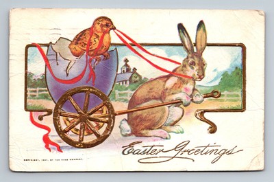 Bunny Pulling Baby Chick on Cart, Cracked Egg 1908 Vintage Easter Postcard