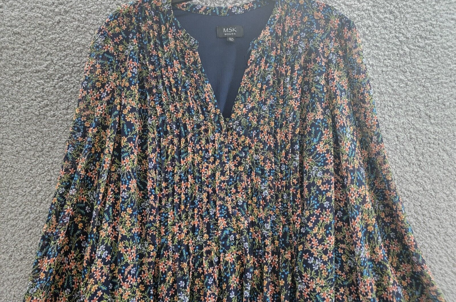 MSK Plus Size Floral-Print Chiffon Pintuck Shirtdress Women's 20W Navy Multi L/S - Picture 3 of 16