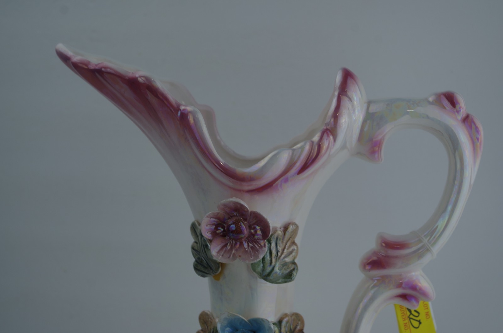 Vintage Ceramic 3D Flowers Handled Urn Pitcher Ewer Vase 15