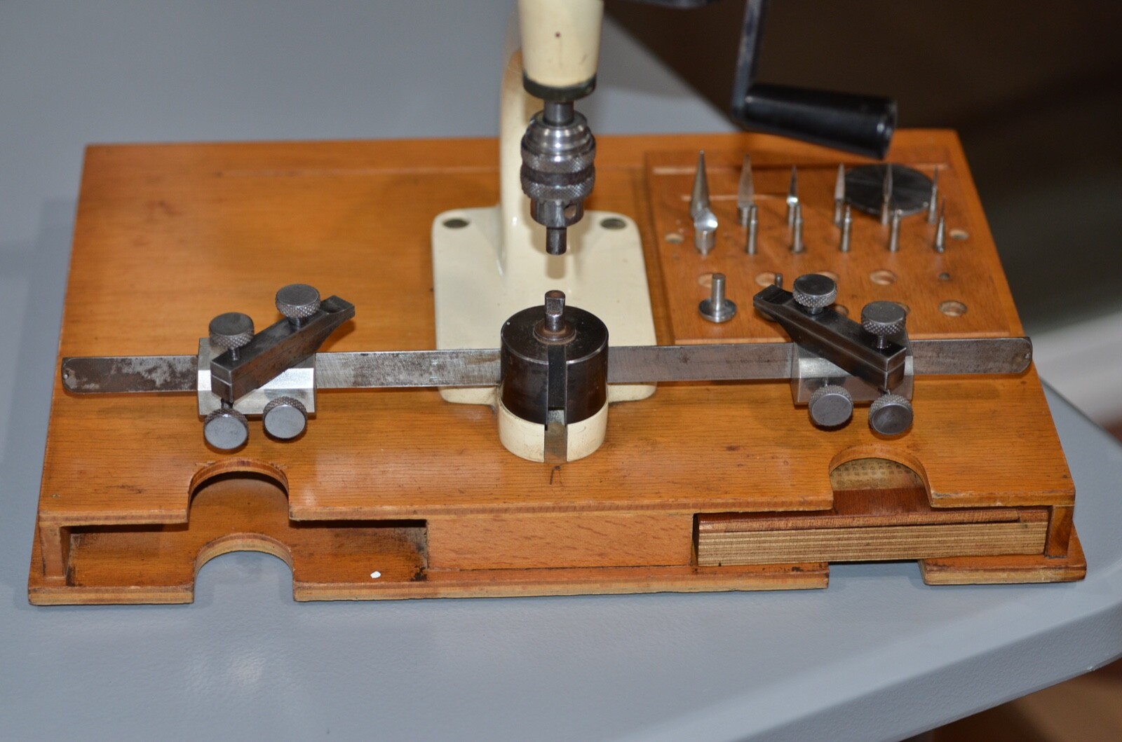 Old K.W.M. Bergeon Clock Bushing Tool on Base with Accessories & Pivot