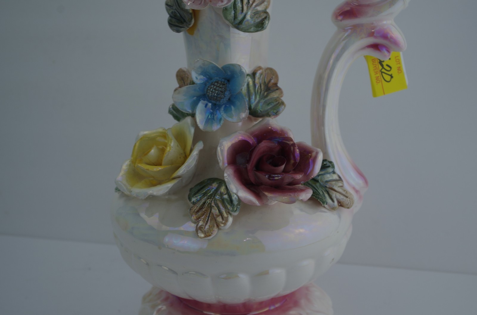 Vintage Ceramic 3D Flowers Handled Urn Pitcher Ewer Vase 15
