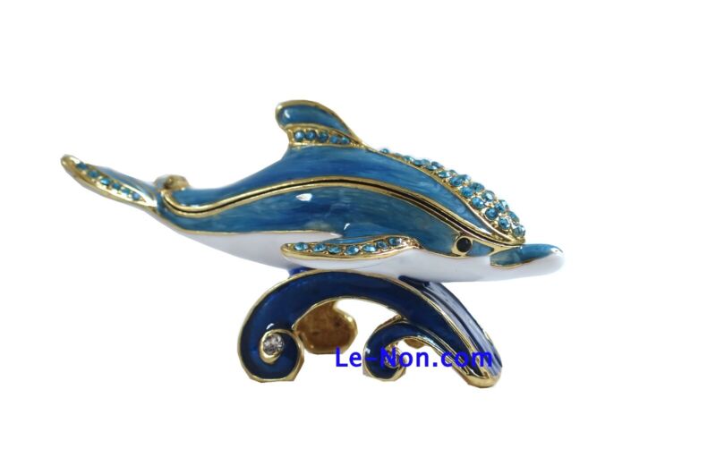 Bejeweled Blue Dolphin Hinged Metal Enamel Crystal Trinket Box