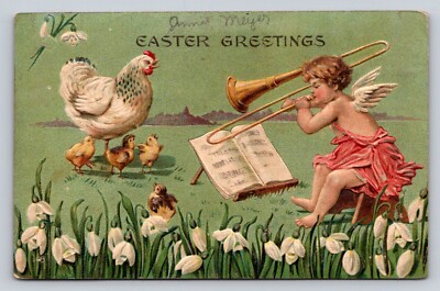 c1910 Fantasy Angel Plays Trombone Chicks Chicken Hen Easter P430