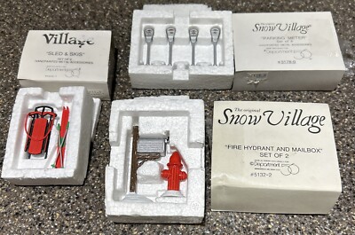 Dept 56 Snow Village Lot Of 3-Parking Meter, Sled & Skis, Fire Hydrant & Mailbox