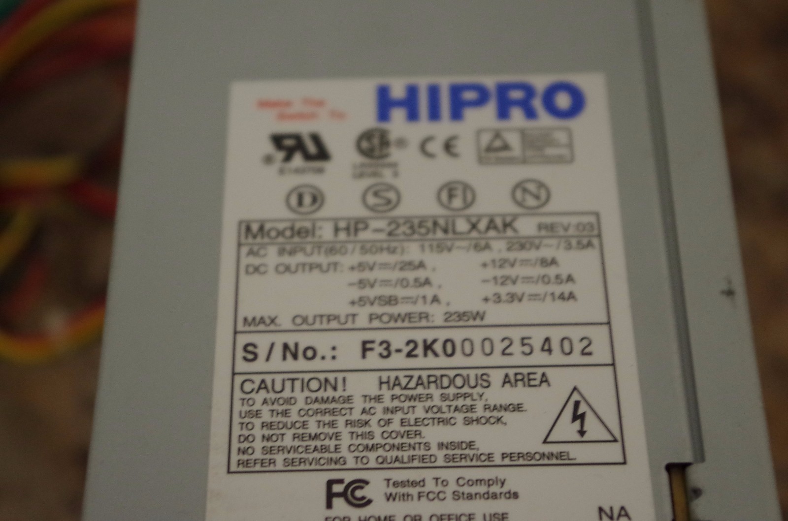 HIPRO HP-235NLXAK 235 WATT SWITCHING POWER SUPPLY