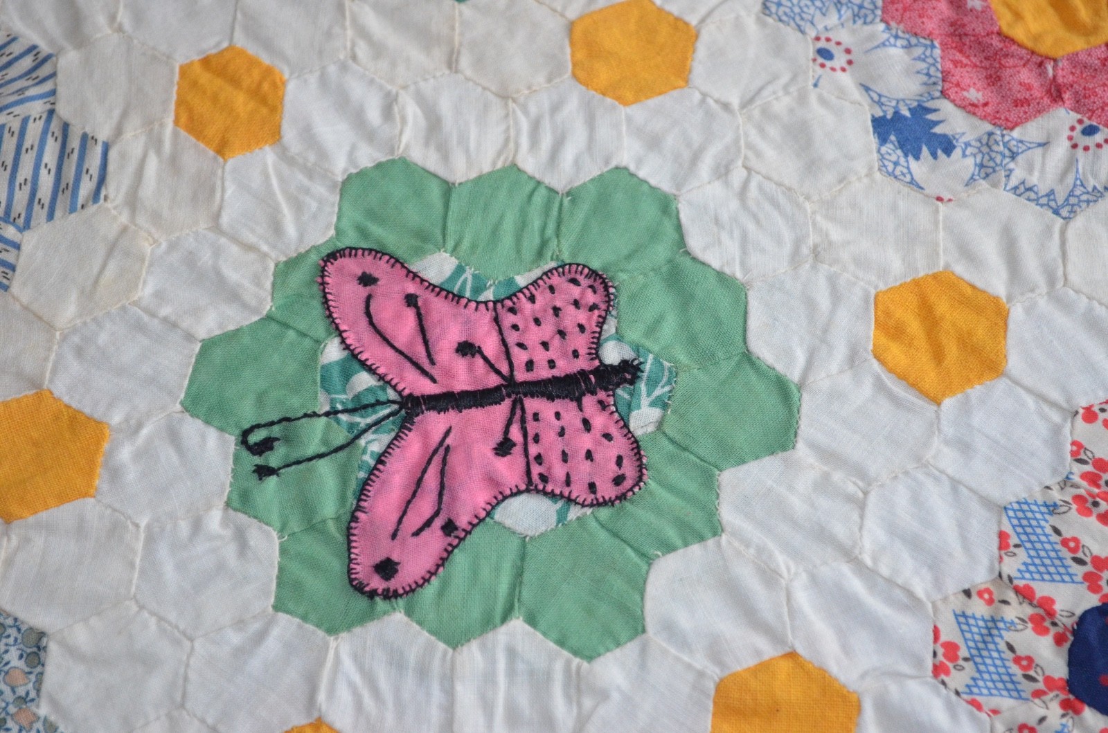 Vintage Heirloom Quilt Top Handstitched Hexagons Flowers Butterflies 87