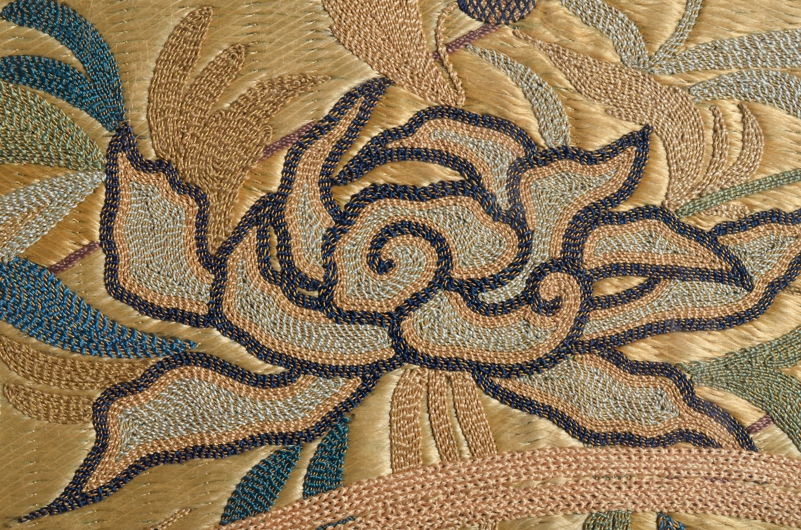 Antique Asian Embroidery, textile, silk, green, Chinese Japanese Korean