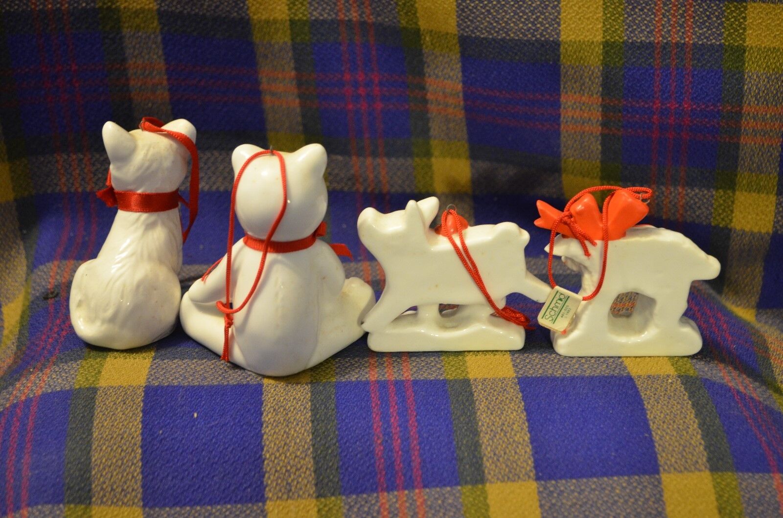 Grp of 4 Vtg Porcelain White w/Red Accent Christmas Ornaments-Cat,Bear,Pig&Sheep