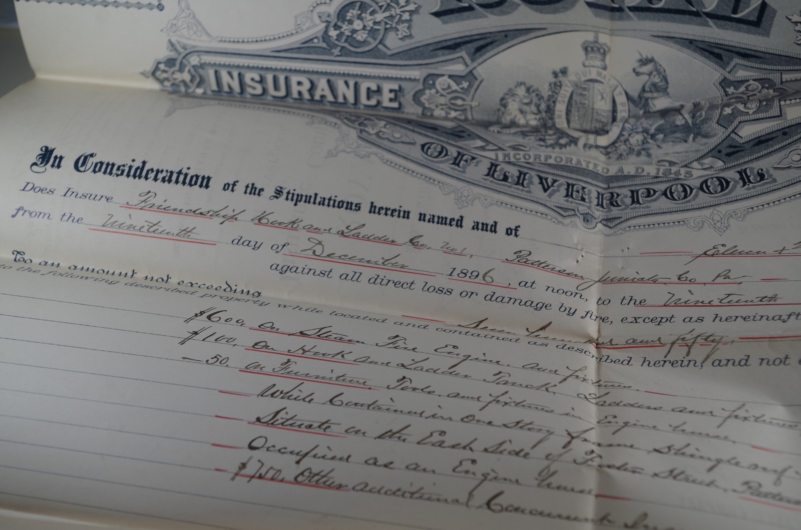 1896 Royal Insurance Co of Liverpool Philadelphia Office For Friendship Hook & L