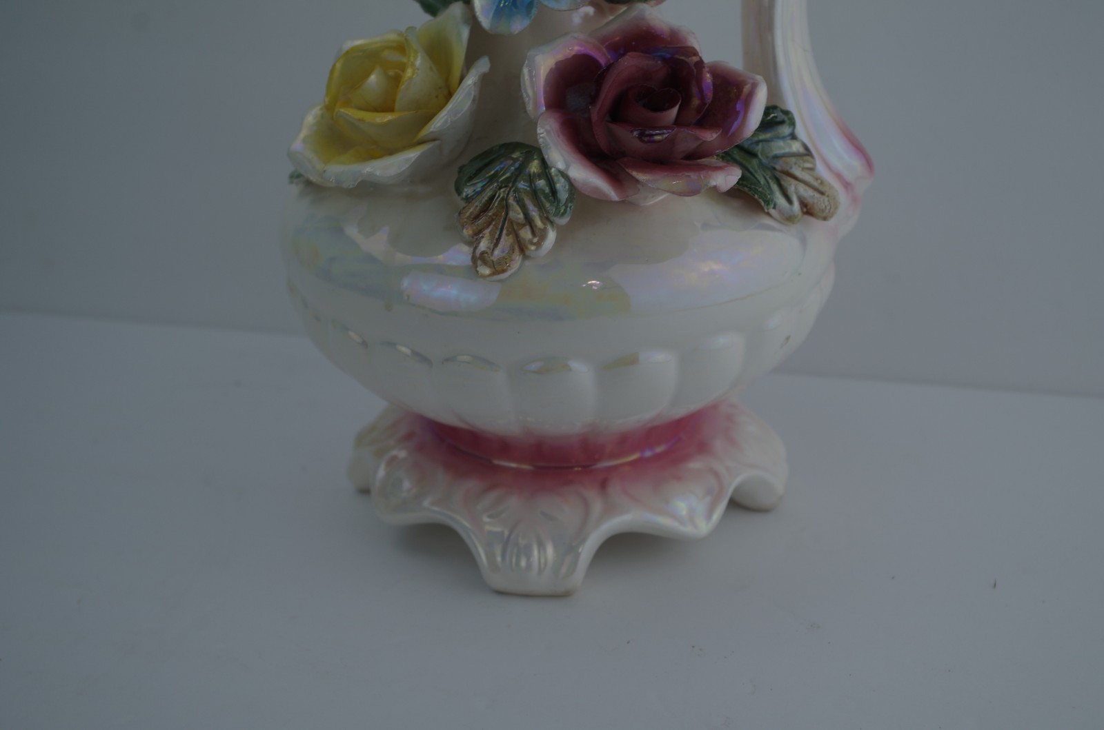 Vintage Ceramic 3D Flowers Handled Urn Pitcher Ewer Vase 15