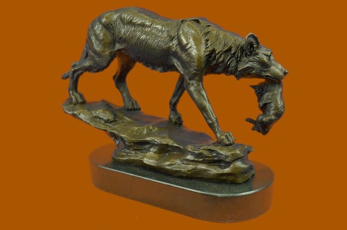 100% Bronze Howling Wolf With Cub Bronze Sculpture Marble Statue Figurine Gift