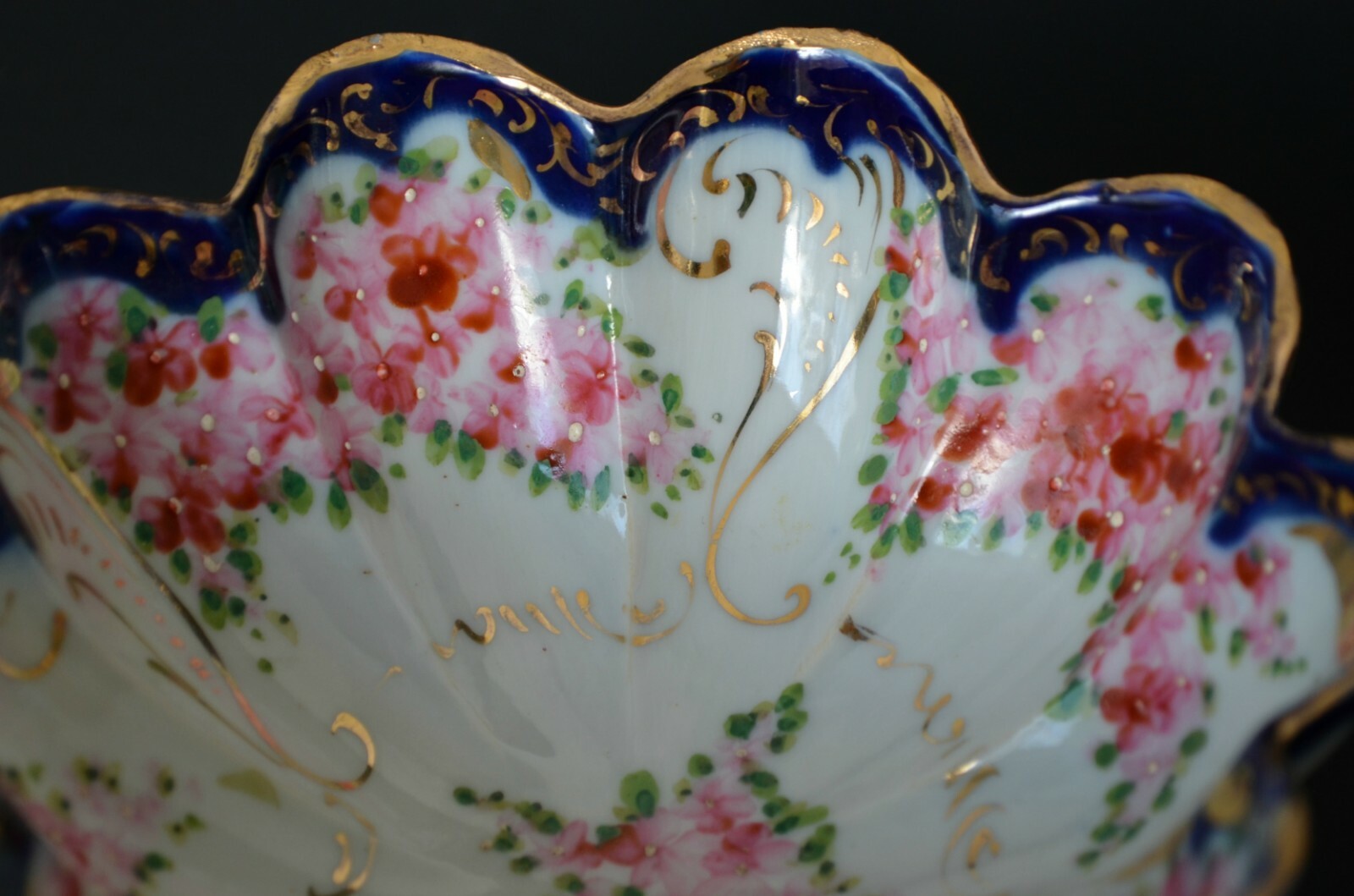 Set of 4 bowls Japan porcelain hand painted flow blue footed fruit nut dishes