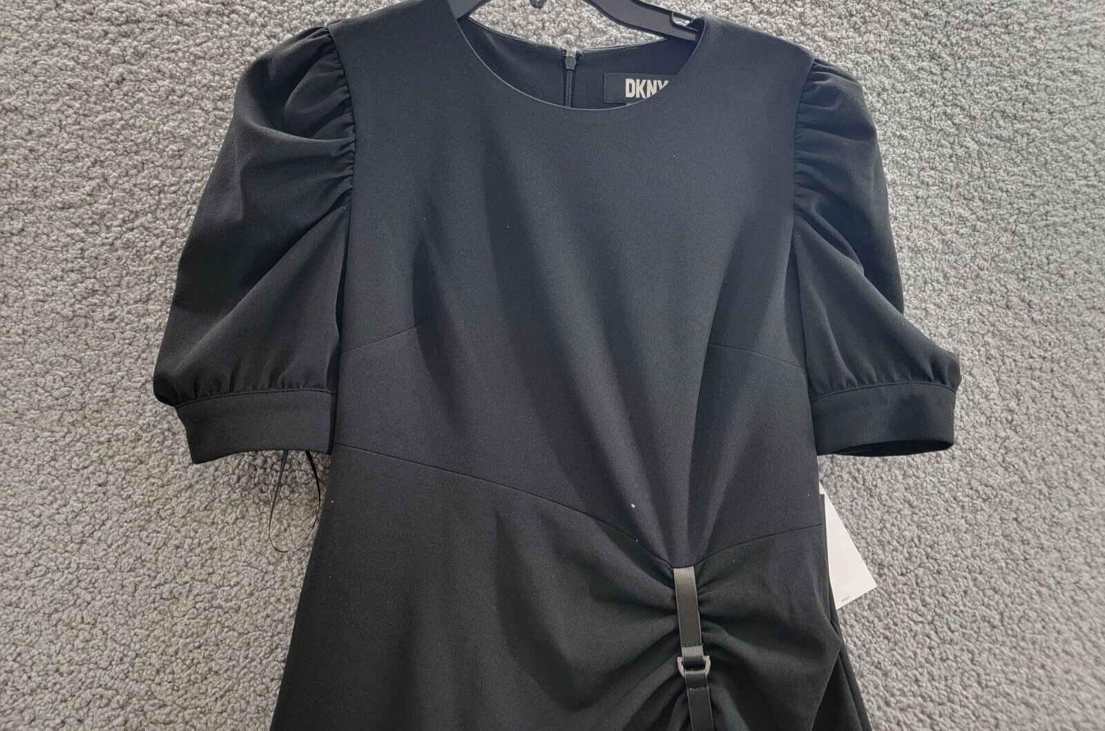 DKNY Puff-Sleeve Ruched Dress Women's 4 Black Round Neck Back Zip Closure S/S - Picture 3 of 19