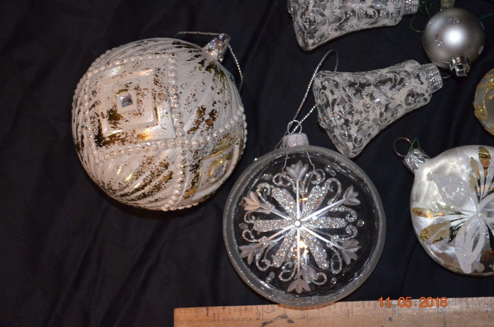 Lot of 11 vintage Glass Christmas Ornaments White clear Silver Glitter