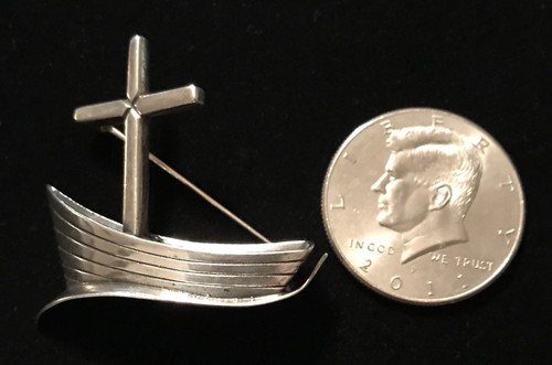 James Avery Retired Rare Boat Ship And Cross On Water Pin Brooch Sterling Silver