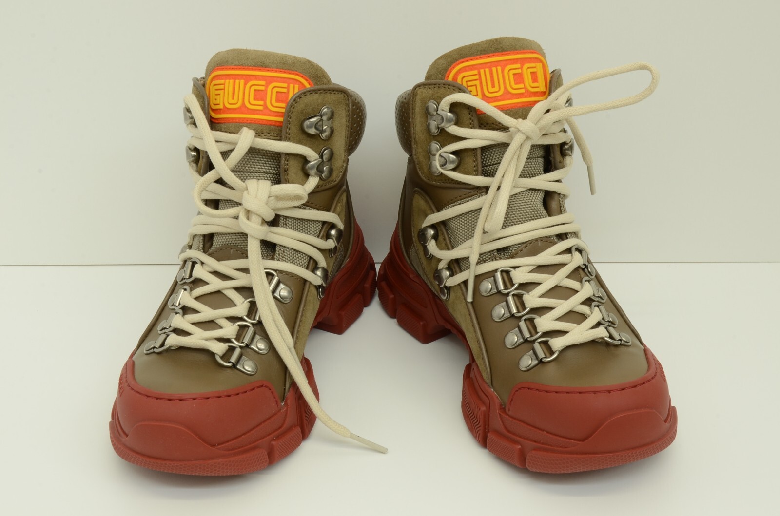 Authentic Gucci Red Rubber Boots Brown Leather 34.5 Womens