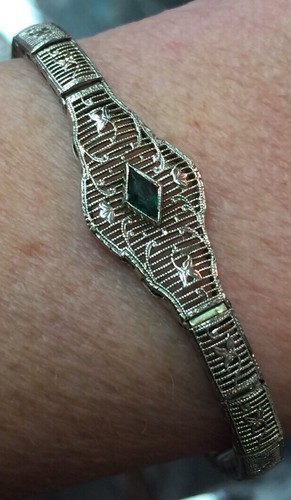 Vintage 10K White Gold Green Glass Marquise Filigree Bracelet 6.75
