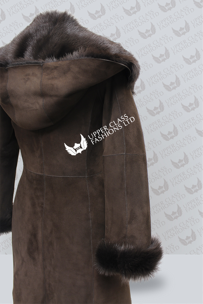 Pre-owned Infinity Brown 3/4 Hooded Ladies Women's Toscana Sheepskin Leather Jacket Trench Coat