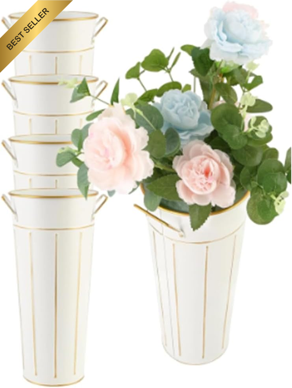 4-Piece Set of High-Galvanized Metal Flower Buckets with Handles, Unbreakable Fr