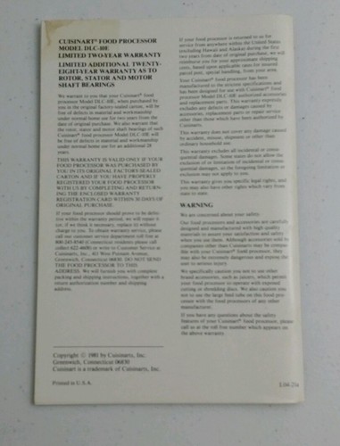 1981 Cuisinart Food Processor Model DLC-10E Instruction Guide Manual & Recipes