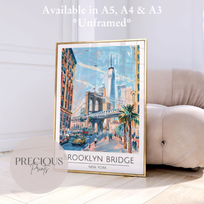 New York - Brooklyn Bridge Travel Print Poster- Travel Poster - Vintage Wall Art