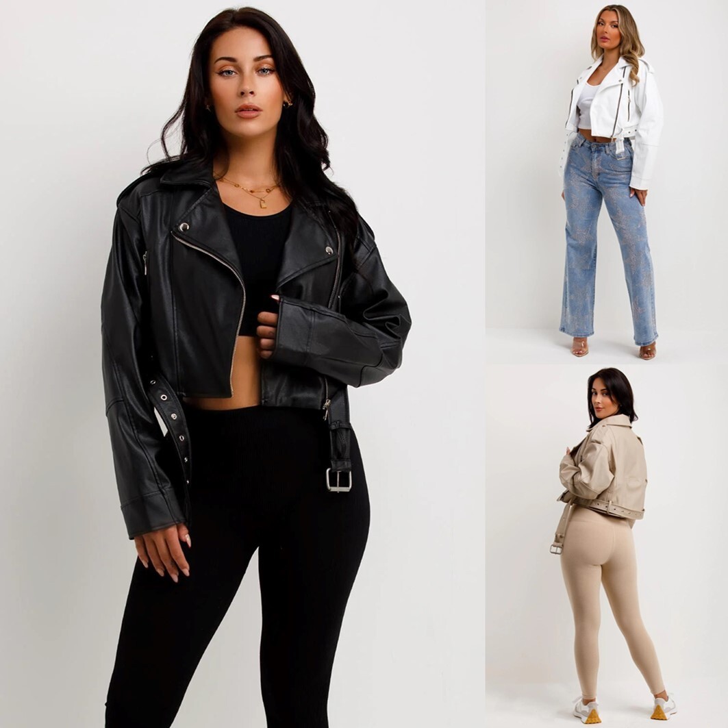 ジャケット・アウター round short fake leather jacket Jhichic Women's Faux Leather Textured Short Moto Jacket Zip