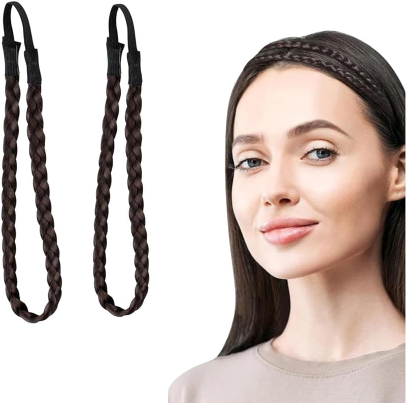 INHEAVEN Brown 2 Pc Synthetic Hair Braided Headband Classic Chunky Wide Plaited